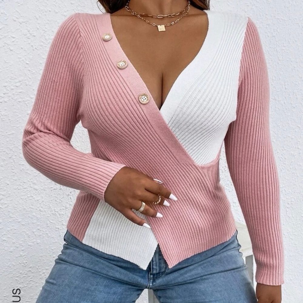 𝅺pink and White Colorblock Wrap Cross Sweater-plus size-NWT